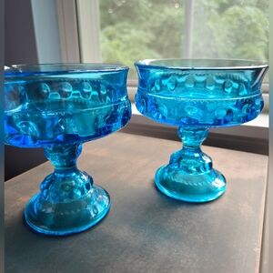 Vibrant Indiana Kings Crown Thumbprint Compote Aqua Blue Glasses Ice Cream Bowls